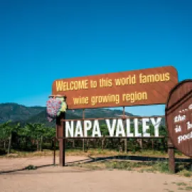 Photo of Napa Valley welcome sign in vineyard.