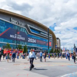 Attendees outside of Fiserv Forum during the Republican National Convention