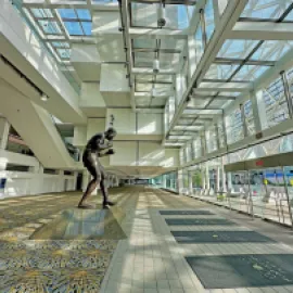 Joe Louis statue inside Huntington Place CREDIT Jeff Heilman