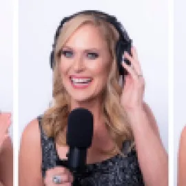 A three-photo collage of Deborah Gardner on a microphone with headphones.