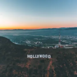 Photo of Hollywood sign in Los Angeles at sunset.