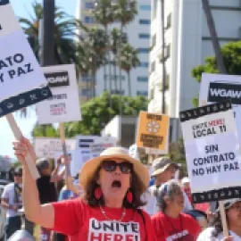 Members of UNITE HERE! Local 11 Picket Outside Fairmont Miramar Hotel Bungalows in Santa Monica, California in July 2023. Photo Credit: Ringo Chiu