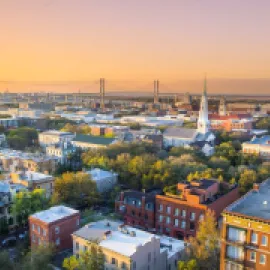 Sunset photo of downtown Savannah, Georgia.