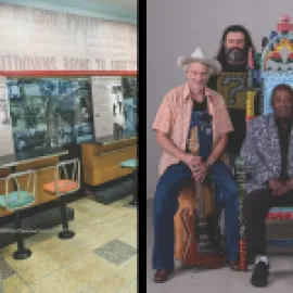 Photos of former Woolworth's lunch counter, International Civil Rights Center & Museum and (right) Music Maker Foundation artists