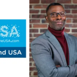 Collage of Brand USA logo on left and photo of Elliott Ferguson standing with his arms crossed on right.