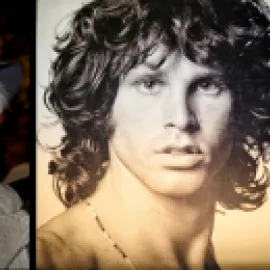 Triptych photo collage of Keith Richards (left), Jim Morrison (center) and Robert Plant (right).