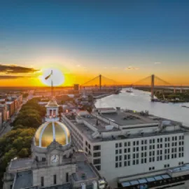 Aerial city view, River Street and City Hall