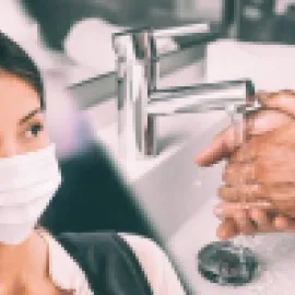 Collage of a woman with a mask and a person washing their hands under a faucet on the right.