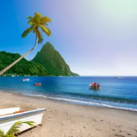 Beach and Pitons, Saint Lucia.