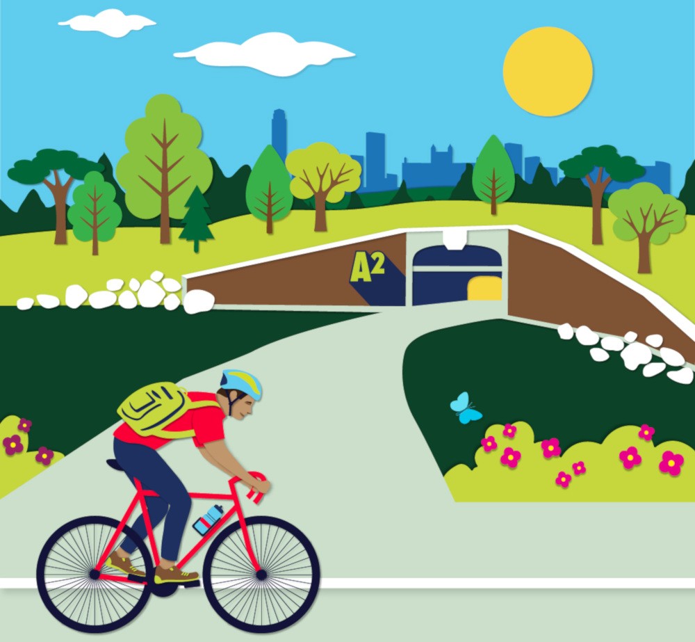 A graphic of a man riding a bike through a park.