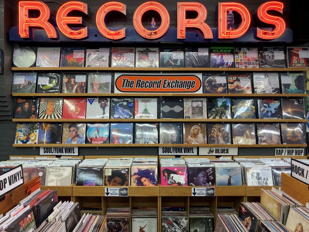 Photo of a wall of records at the Record Exchange.