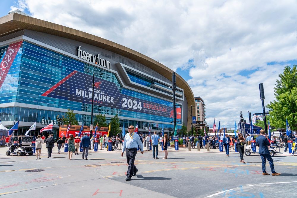 Attendees outside of Fiserv Forum during the Republican National Convention