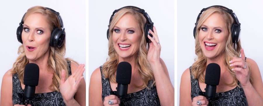 A three-photo collage of Deborah Gardner on a microphone with headphones.