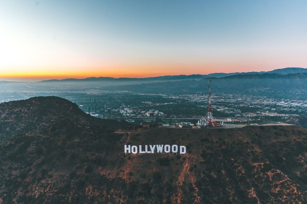 Photo of Hollywood sign in Los Angeles at sunset.