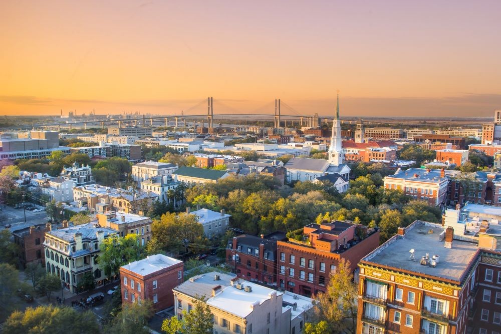 Sunset photo of downtown Savannah, Georgia.