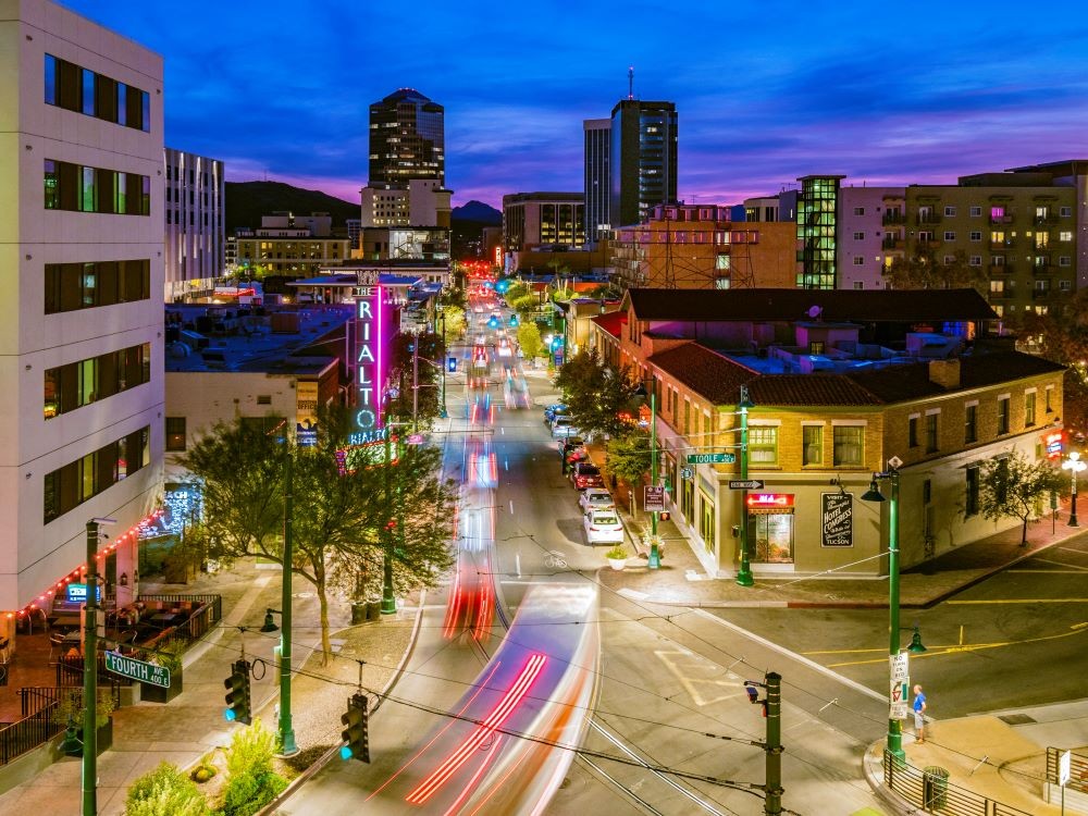 Photo of downtown Tucson at night.