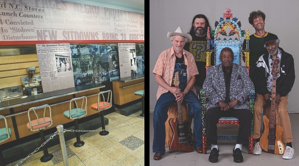 Photos of former Woolworth's lunch counter, International Civil Rights Center & Museum and (right) Music Maker Foundation artists