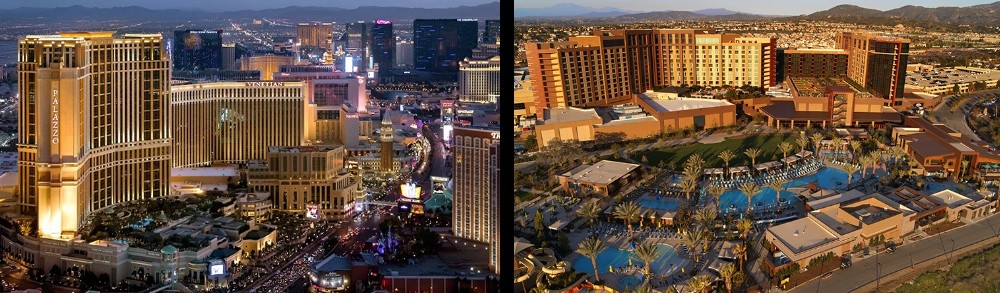 Dual photo of The Venetian Resort and Pechanga Resort Casino.