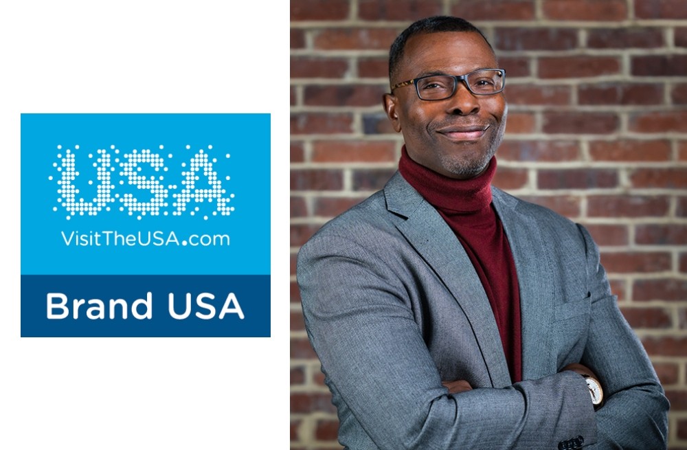 Collage of Brand USA logo on left and photo of Elliott Ferguson standing with his arms crossed on right.