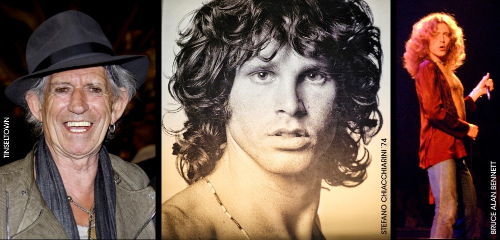 Triptych photo collage of Keith Richards (left), Jim Morrison (center) and Robert Plant (right).