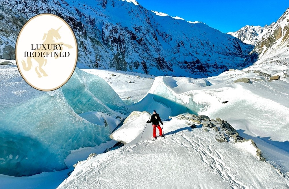 Luxury Redefined: The Luxury Revolution Continues. Laurie Sharp climbing Mer de Glace in France.