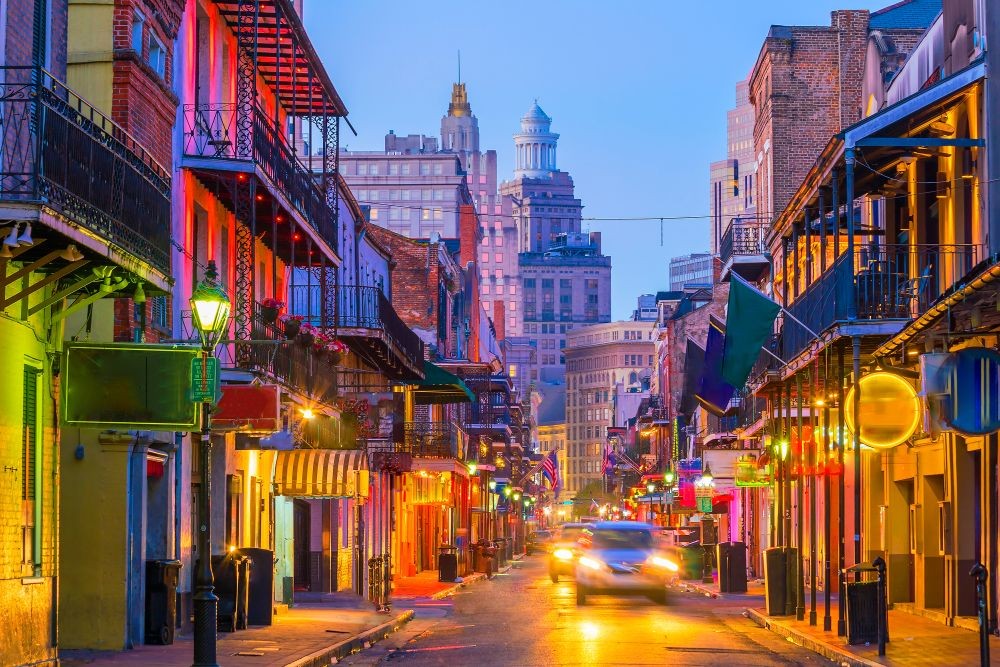 Photo of New Orleans' Bourbon street at dusk.