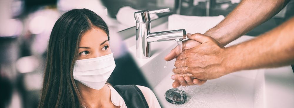 Collage of a woman with a mask and a person washing their hands under a faucet on the right.