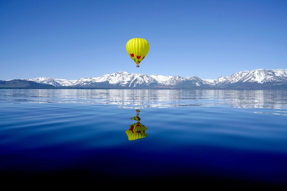 Photo of a hot-air balloon over Lake Tahoe.