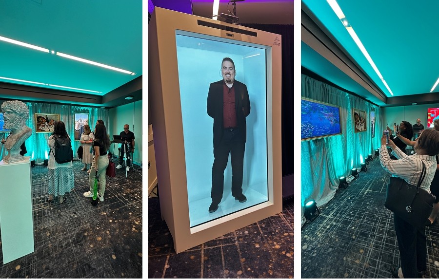 Three photos of event av activations utilizing technology, with attendees looking at them.