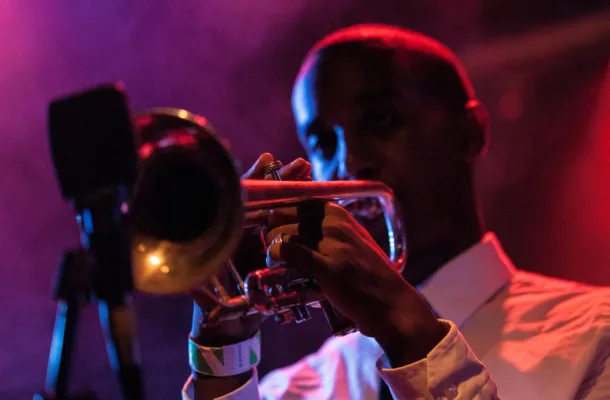 A man plays the trumpet at The Blue Room in Kansas City
