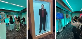 Three photos of event av activations utilizing technology, with attendees looking at them.