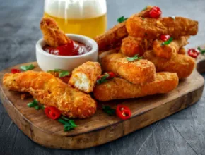 Photo of a cutting board with fried cheese sticks and dipping sauce.
